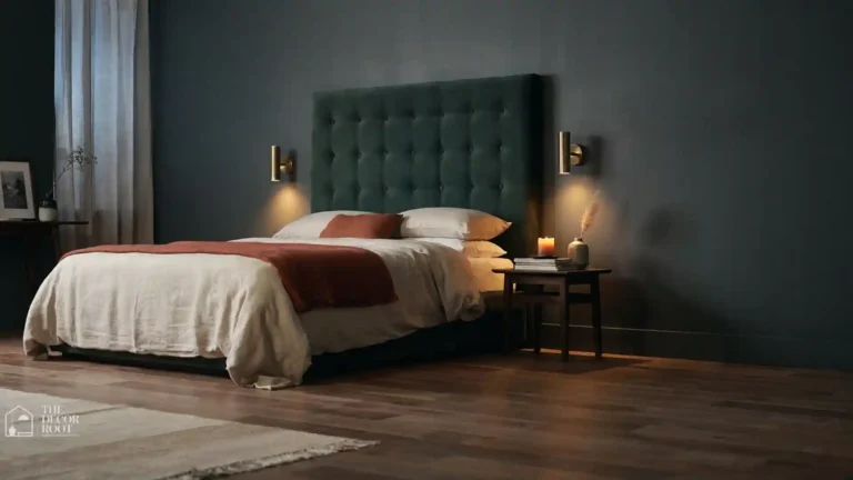 Dark elegant bedroom ideas featuring charcoal walls with a velvet upholstered headboard