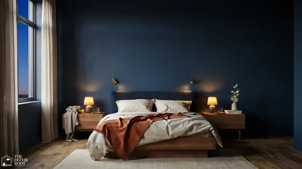 Dark elegant bedroom ideas showing layered warm lighting from bedside lamps and sconces