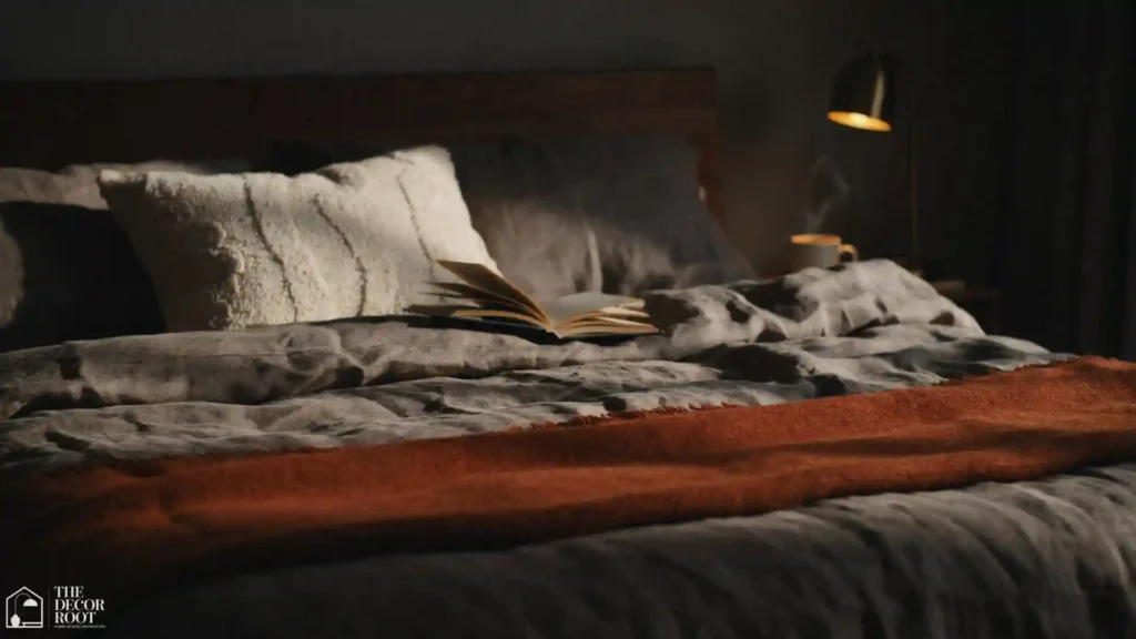 Dark elegant bedroom ideas with layered textiles including a wool throw and boucle pillows