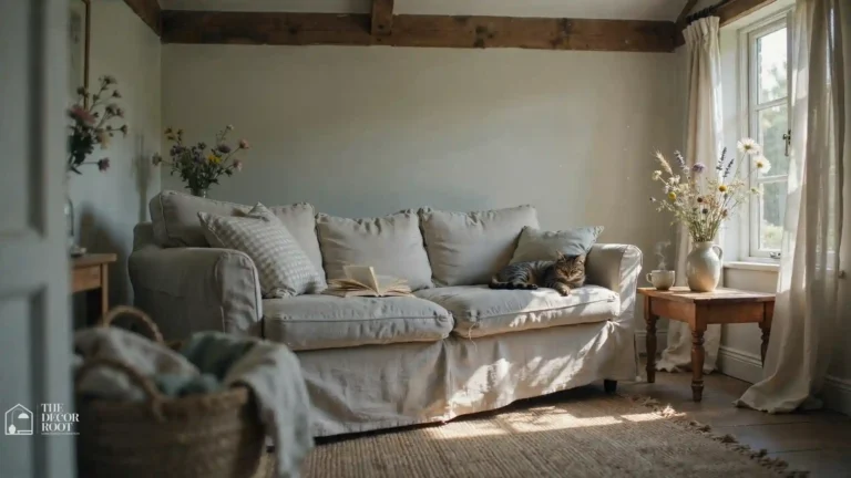 Cozy cottagecore living room with linen sofa, dried florals, and vintage wood accents