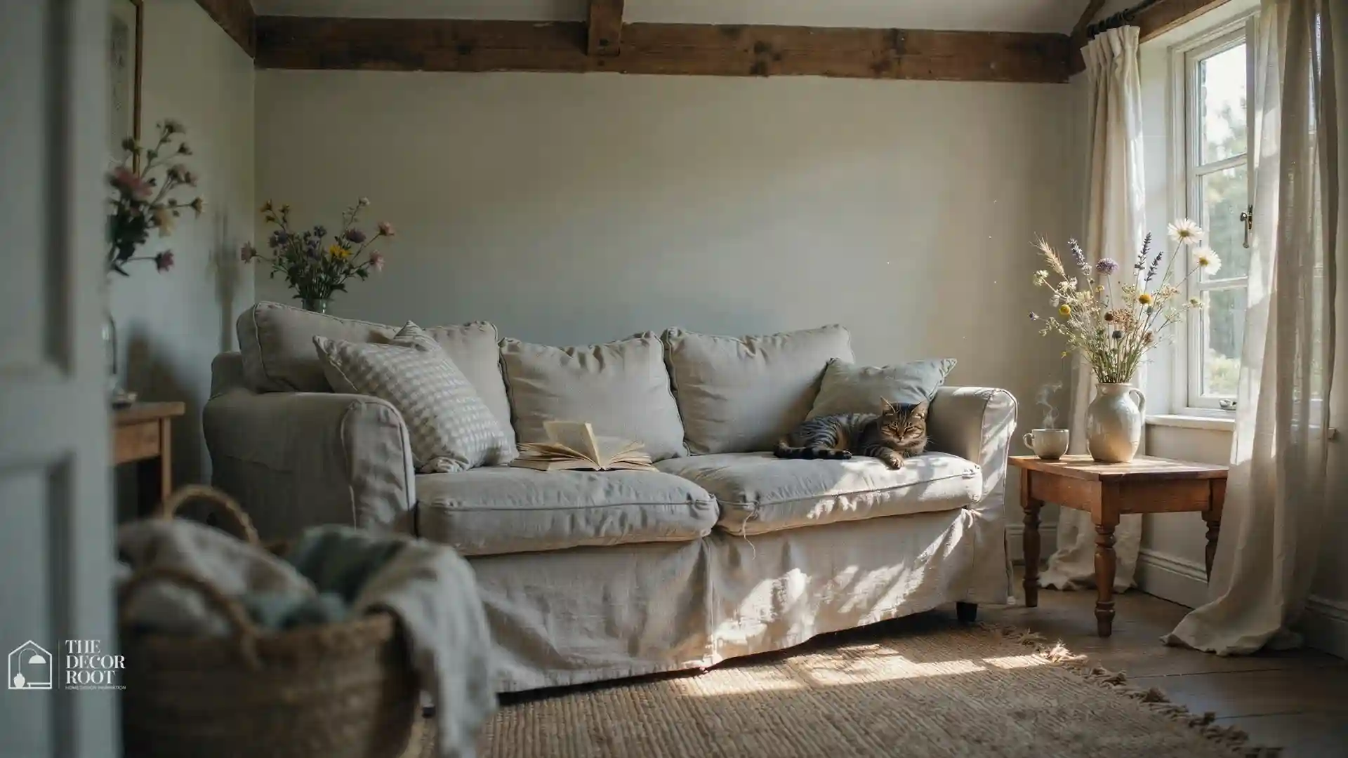 Cozy cottagecore living room with linen sofa, dried florals, and vintage wood accents