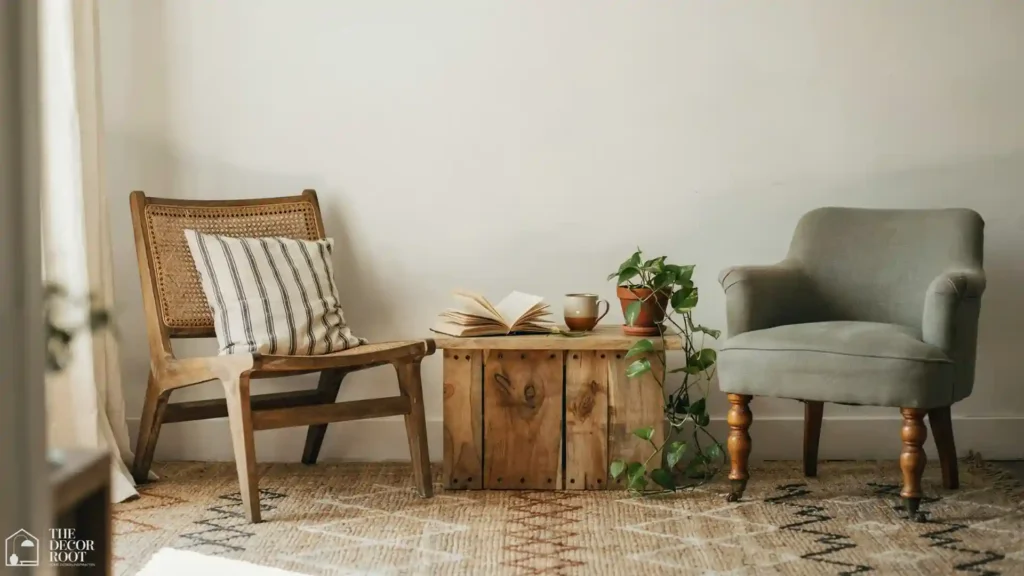 Mismatched vintage cane-back chairs in a cottagecore living room setting