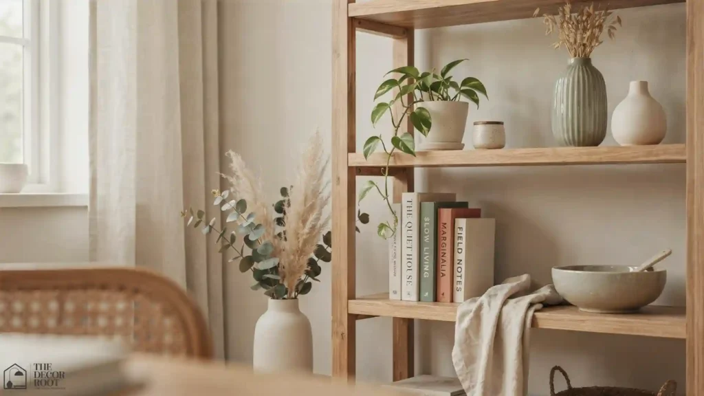 Open wood shelving styled with ceramics and books in a cottagecore living room