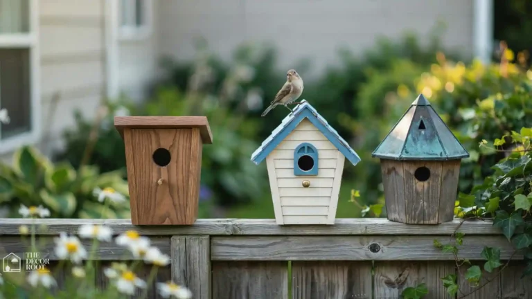 Collection of creative birdhouse ideas mounted on a garden fence