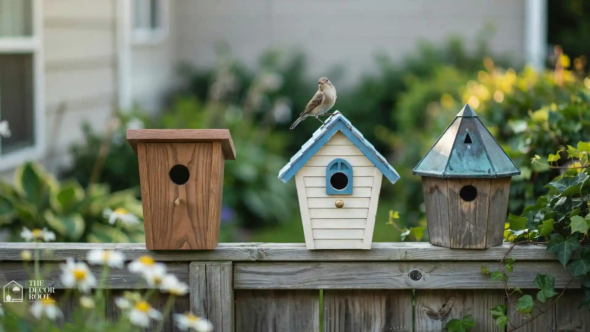 Collection of creative birdhouse ideas mounted on a garden fence