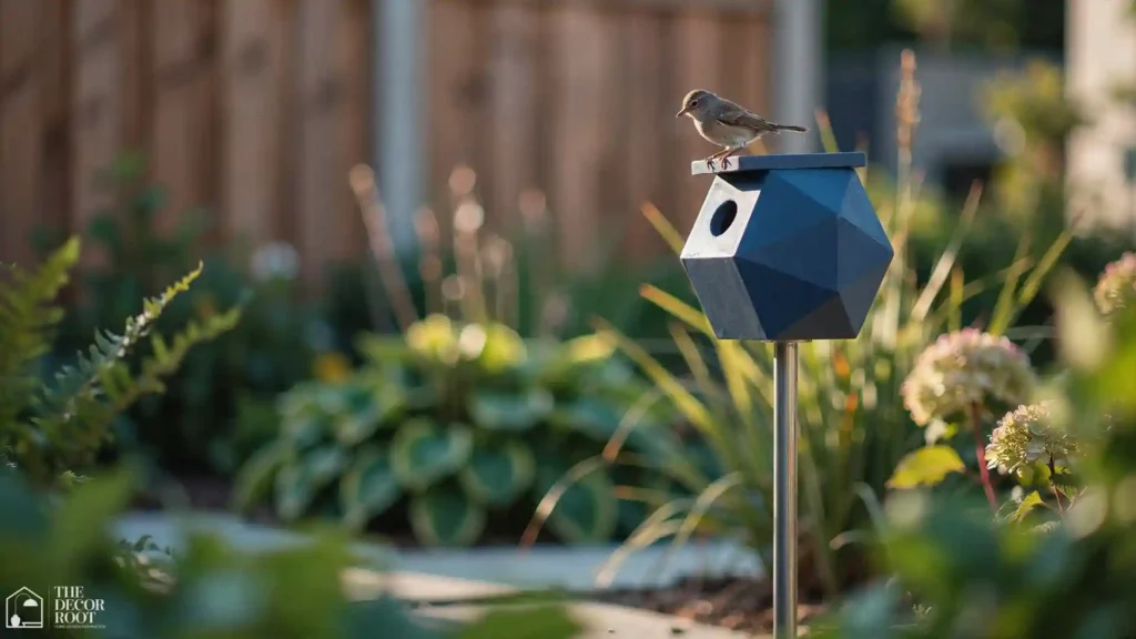 Geometric modern birdhouse idea mounted on a garden pole