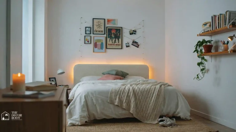 Teen bedroom DIY decor with LED lighting, gallery wall, and floating shelves
