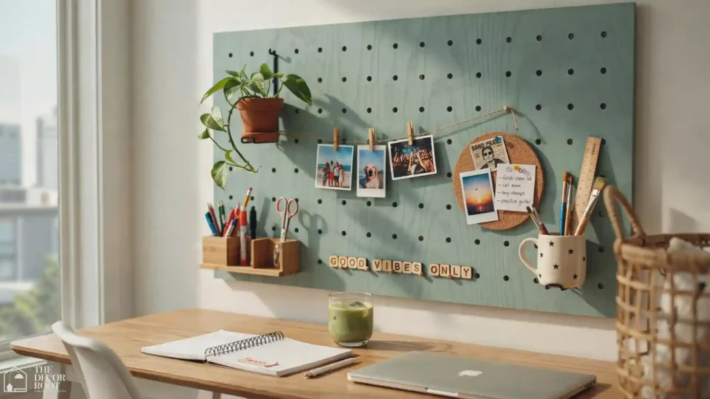Pegboard desk organization station as a teen bedroom DIY decor idea