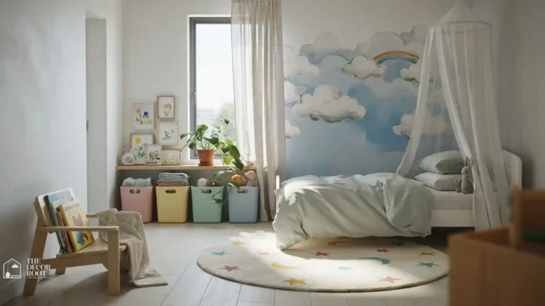 Whimsical kids' bedroom with cloud mural, canopy bed, and playful storage