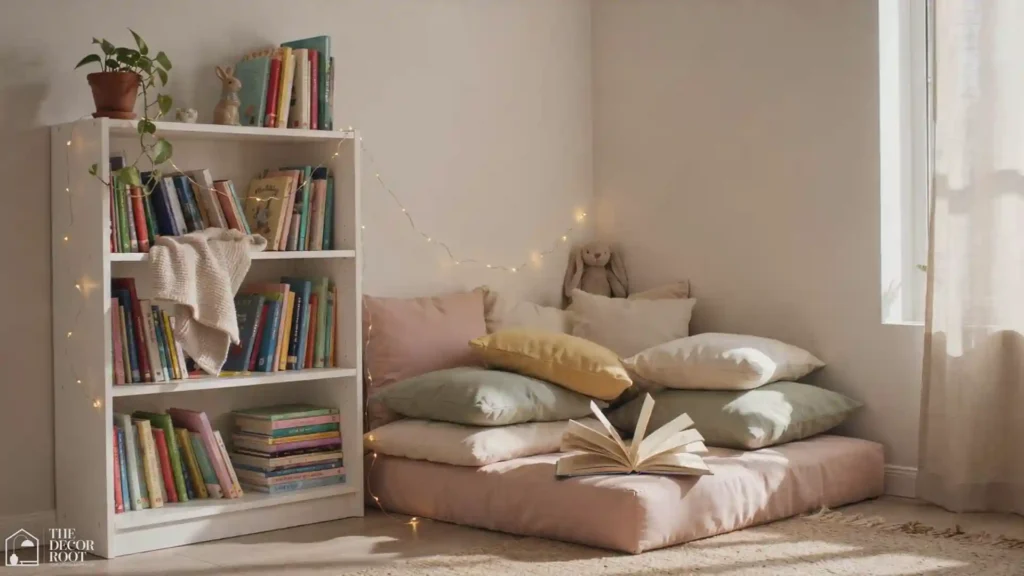 Whimsical kids' bedroom reading nook with fairy lights and cushions