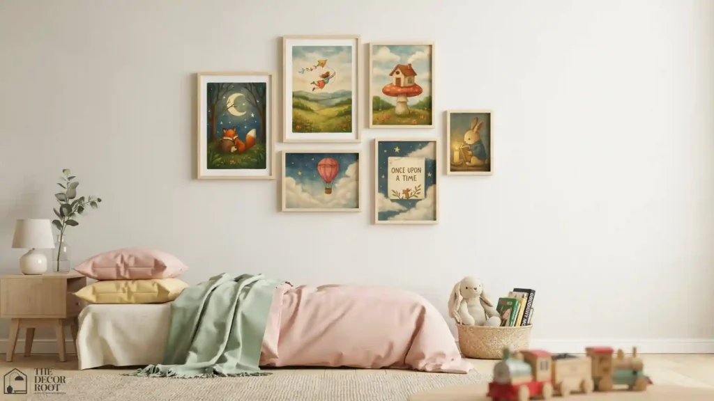 Storybook-inspired gallery wall in a whimsical kids' bedroom