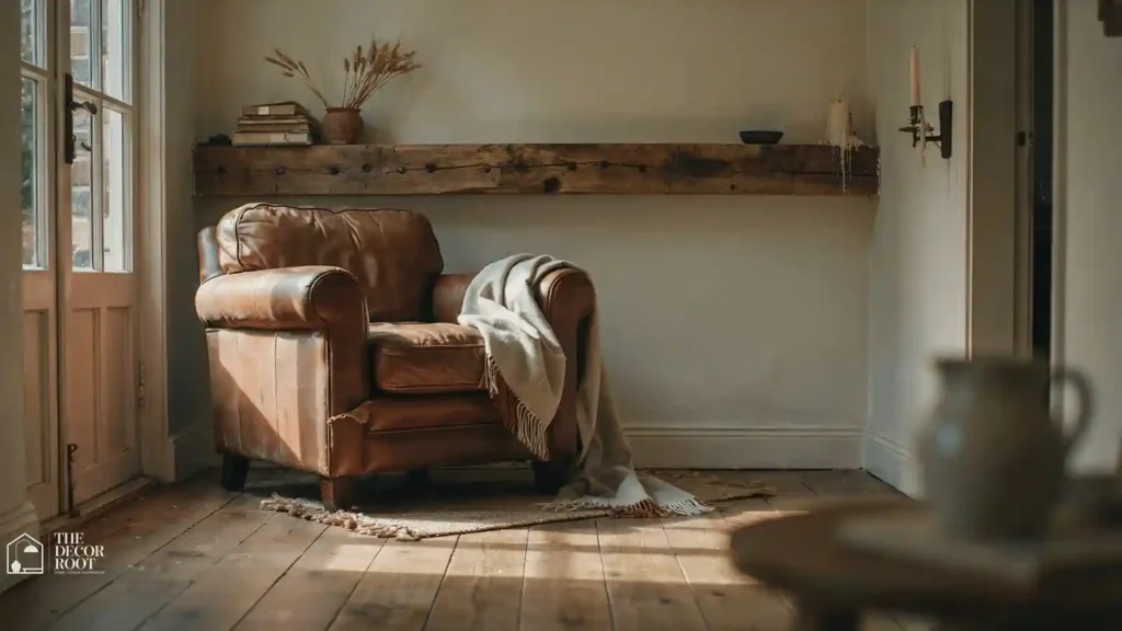 Primitive living room ideas showing a reclaimed wood mantel styled with iron candle sconces