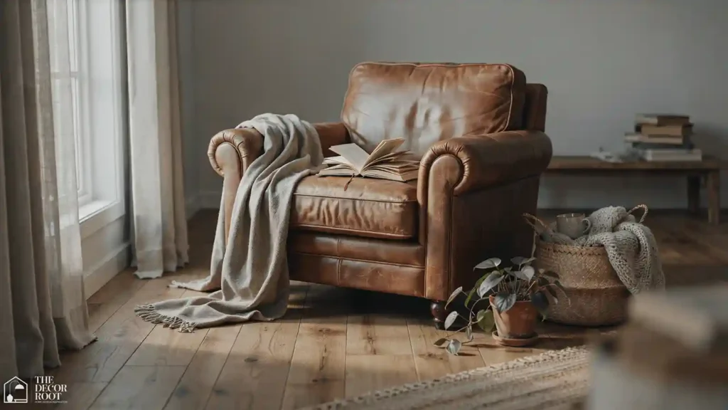 Primitive living room ideas featuring a leather armchair and woven basket storage