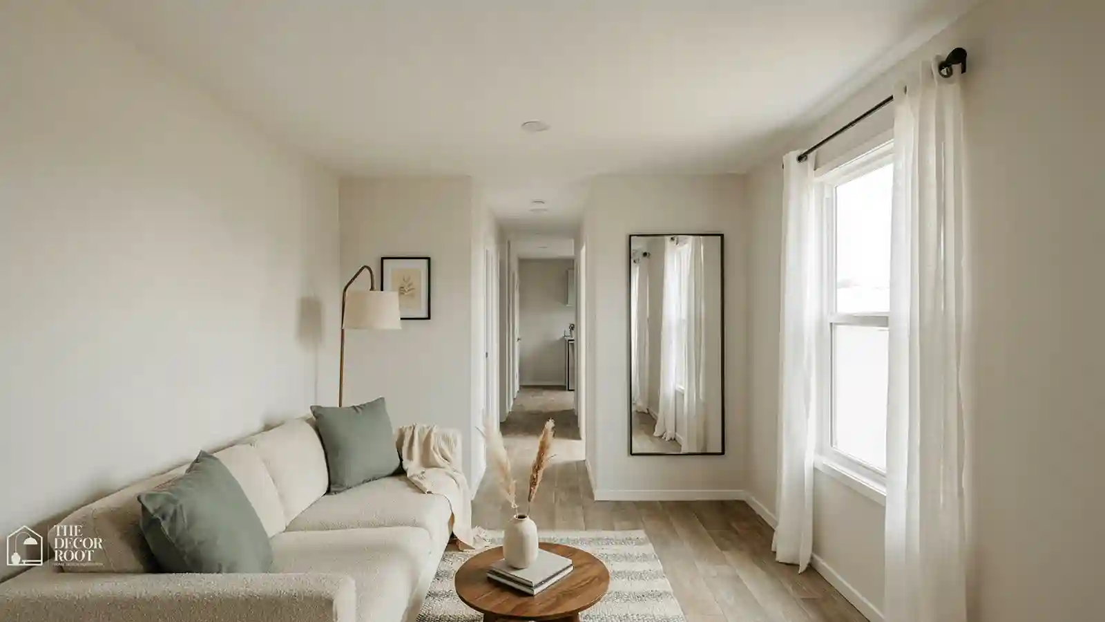 Single wide trailer living room ideas with a narrow layout and light walls
