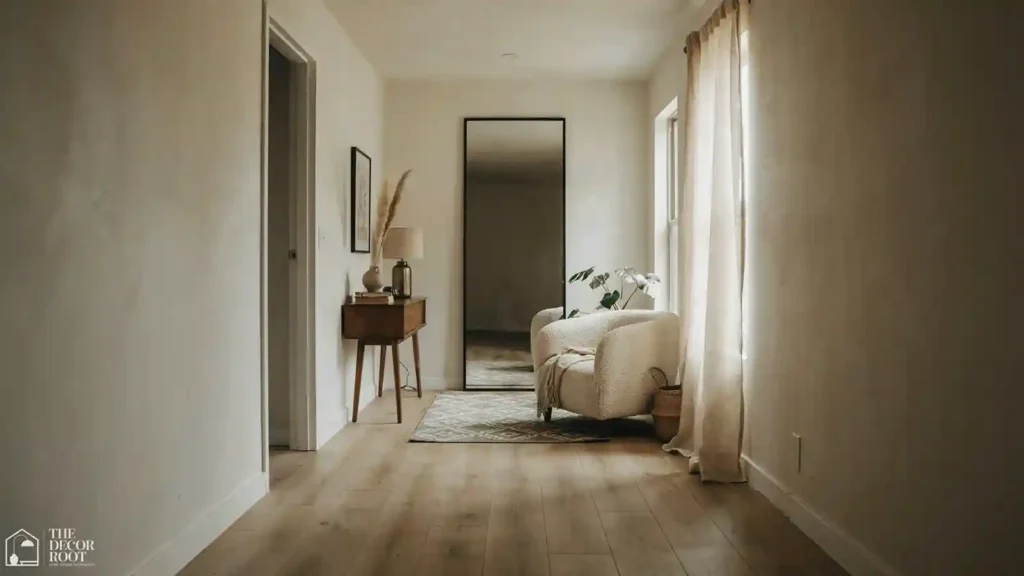 Single wide trailer living room ideas using a large mirror to expand space