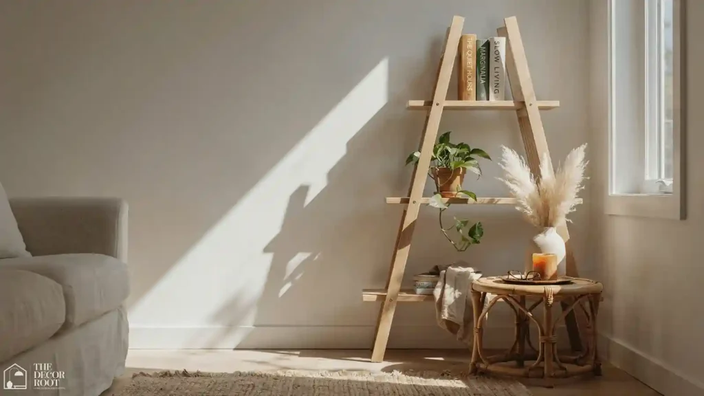 Single wide trailer living room ideas with vertical ladder shelf storage