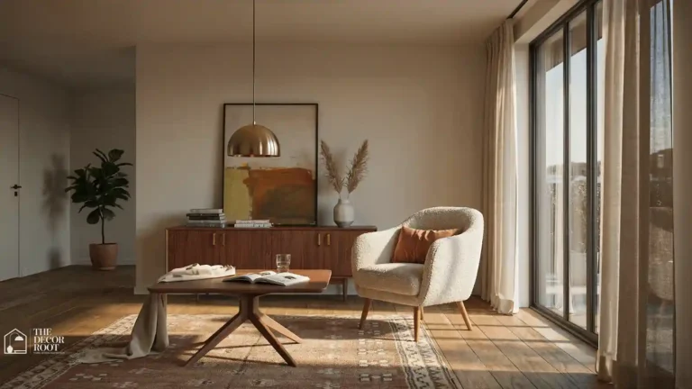 Warm mid century modern living room ideas with walnut wood and boucle textures