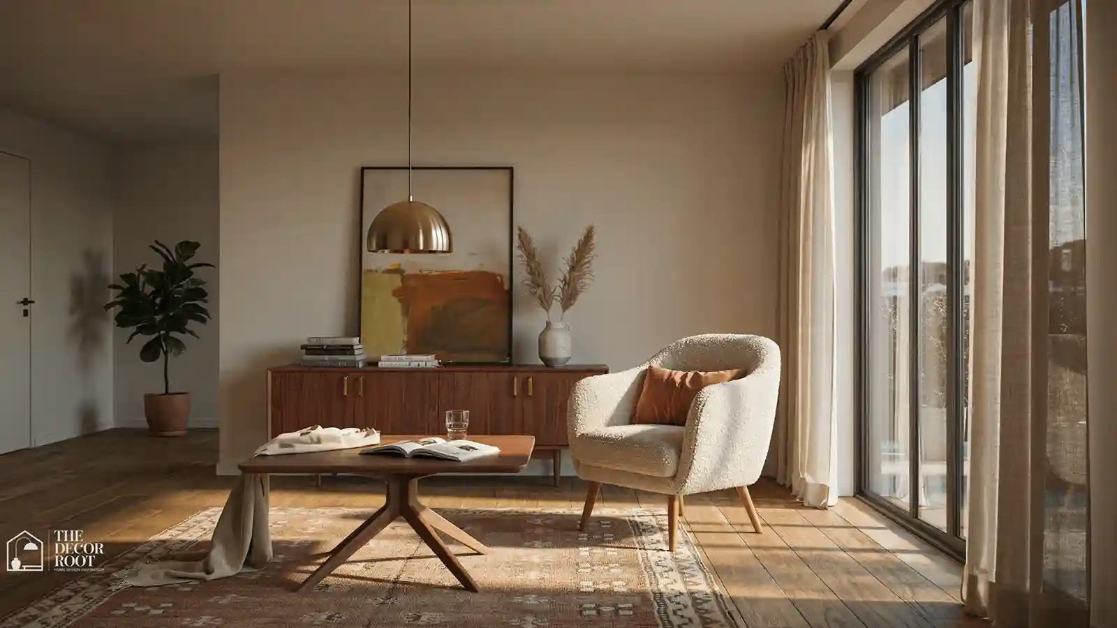 Warm mid century modern living room ideas with walnut wood and boucle textures
