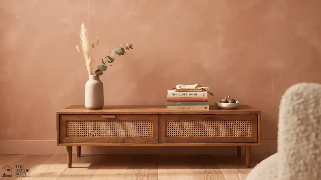Mid century modern living room ideas with a walnut and cane media console