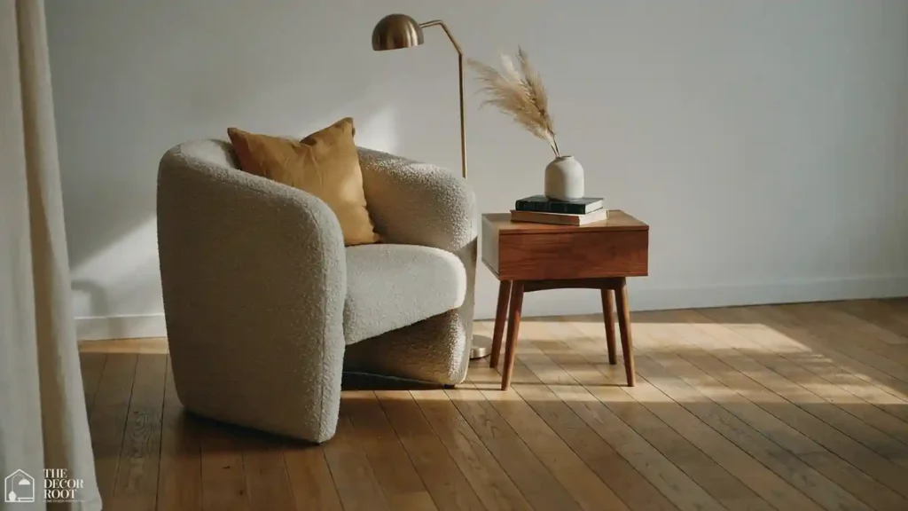 Warm mid century modern living room ideas featuring a boucle chair and brass lamp