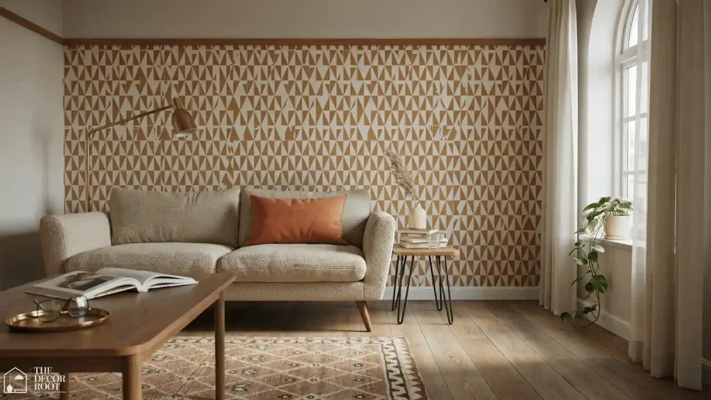 Mid century modern apartment design ideas with removable geometric wallpaper