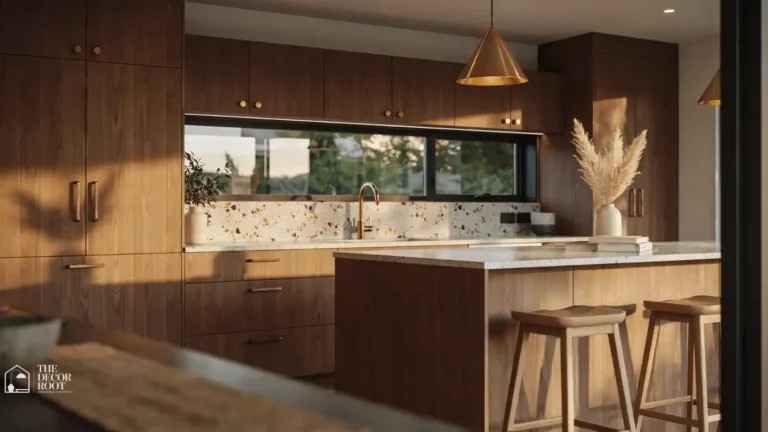 Mid century modern kitchen ideas featuring walnut cabinets and warm lighting