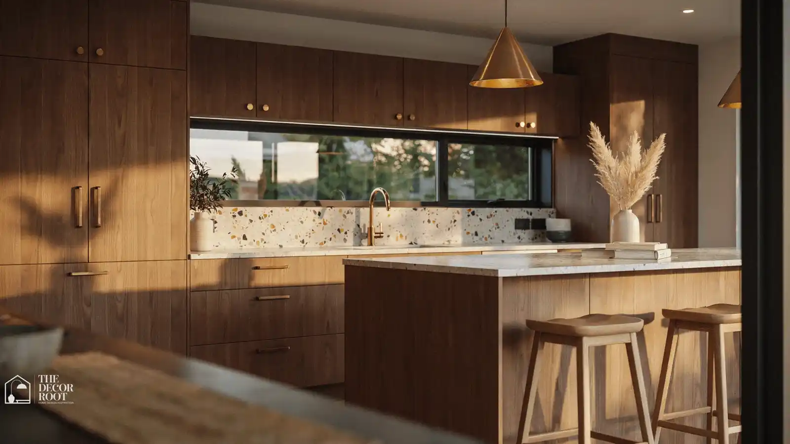 Mid century modern kitchen ideas featuring walnut cabinets and warm lighting
