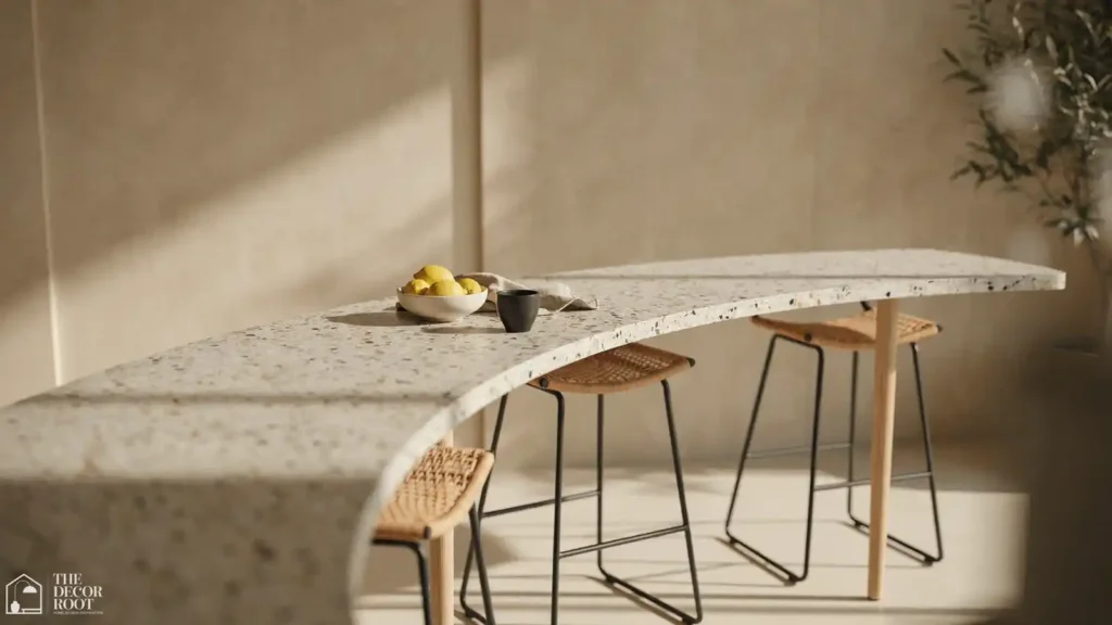 Mid century modern kitchen ideas showing a curved terrazzo island with tapered legs