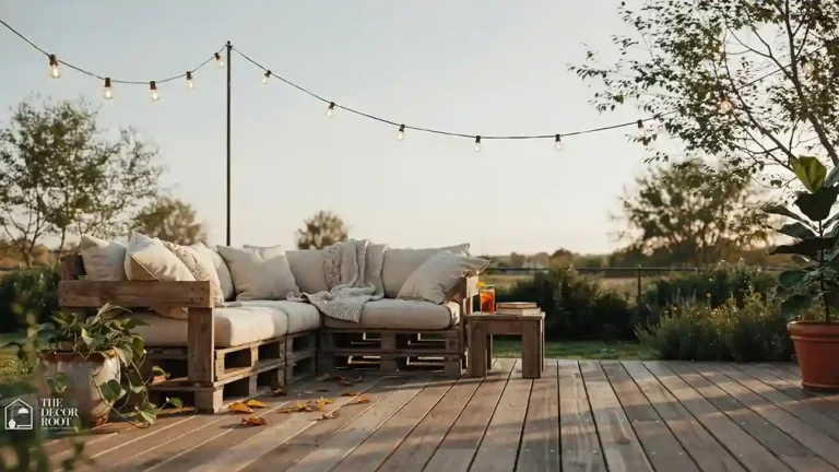 Outdoor pallet project ideas showing a pallet sectional sofa with cushions on a patio
