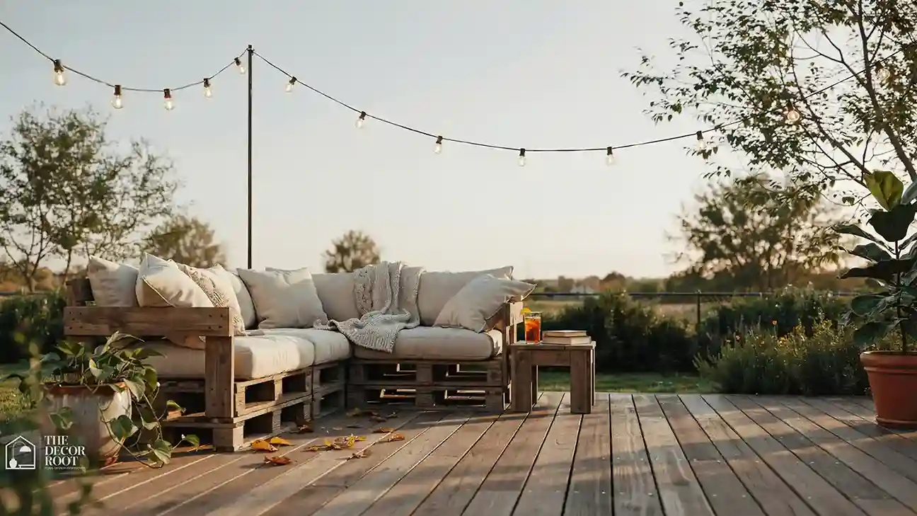Outdoor pallet project ideas showing a pallet sectional sofa with cushions on a patio
