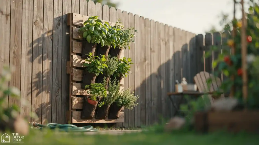 Outdoor pallet project ideas showing a vertical herb garden mounted on a fence