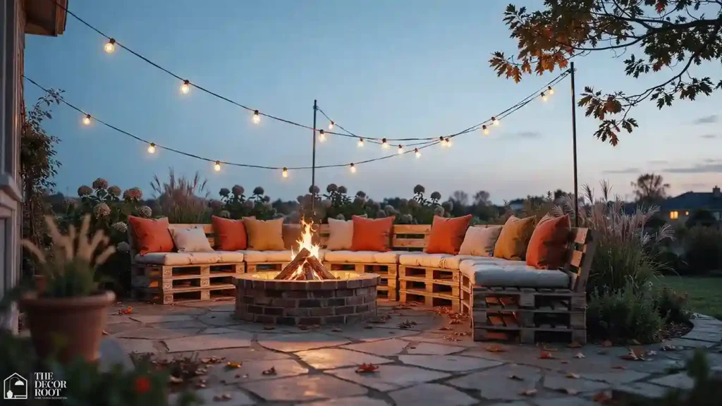 Outdoor pallet project ideas showing a curved bench seat around a backyard fire pit