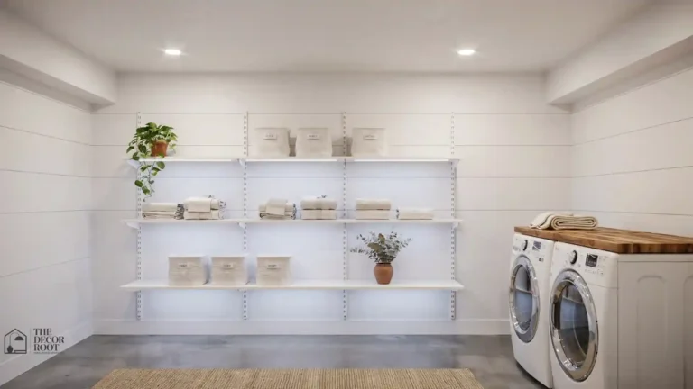 Stunning basement laundry room ideas with bright lighting, white shiplap walls, and organized open shelving Basement Laundry Room