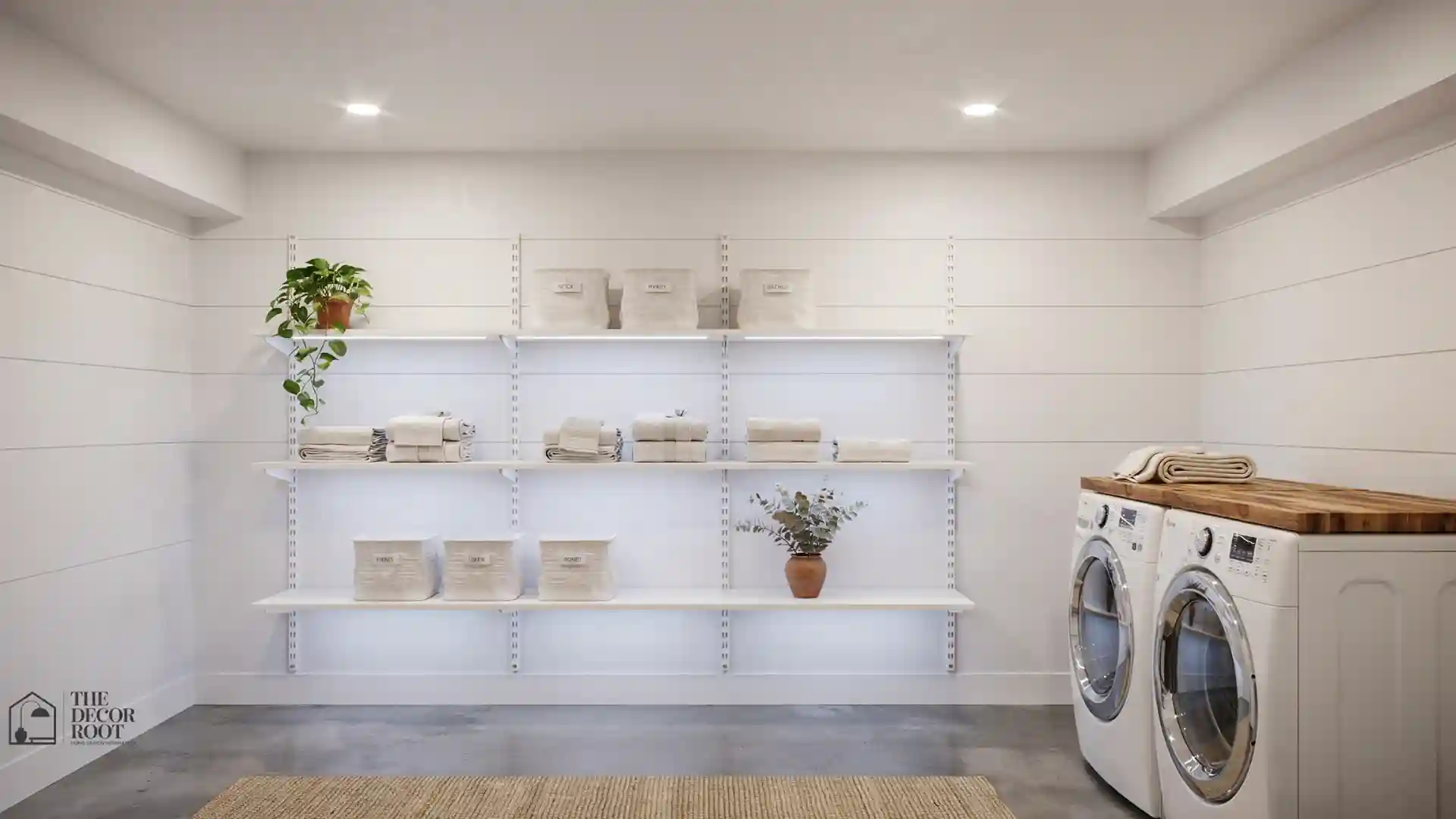 Stunning basement laundry room ideas with bright lighting, white shiplap walls, and organized open shelving Basement Laundry Room