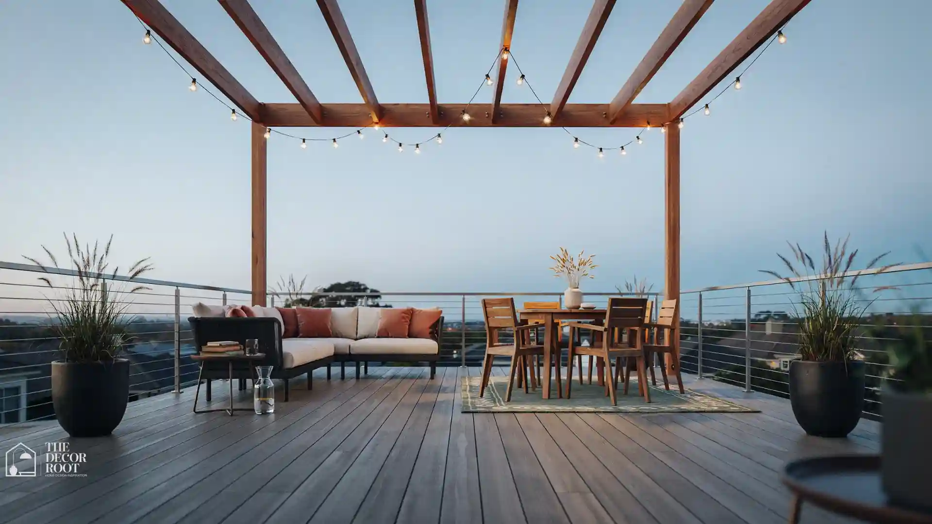 Deck design ideas featuring a composite deck with cable railing, timber pergola, string lights, and zoned outdoor living and dining areas
