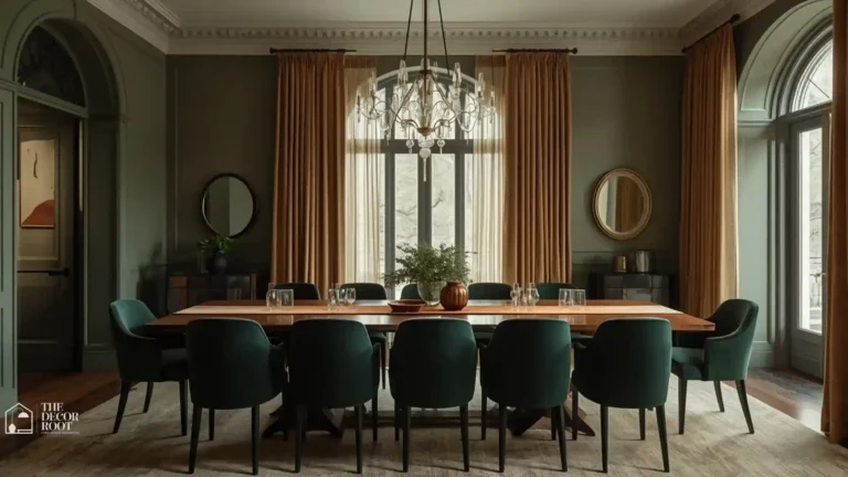 Elegant dining room ideas featuring a long wood table under a brass chandelier