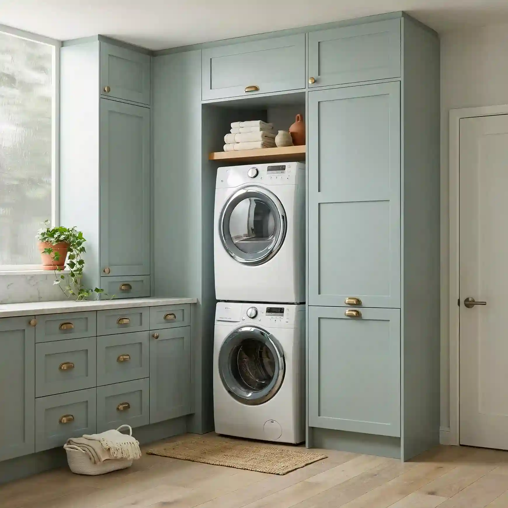 Beautiful green laundry room design with sage green cabinetry and open shelving in a bright modern utility space Laundry Room Design