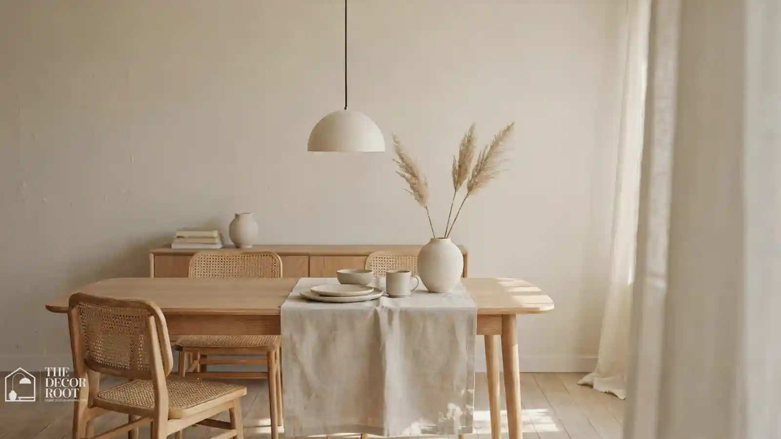 Japandi dining room ideas with neutral palette table and rattan chairs