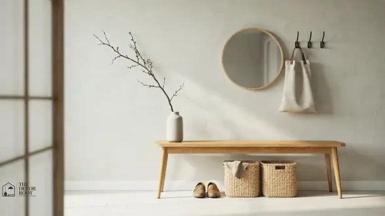 Japandi entryway ideas with wood bench and woven storage baskets
