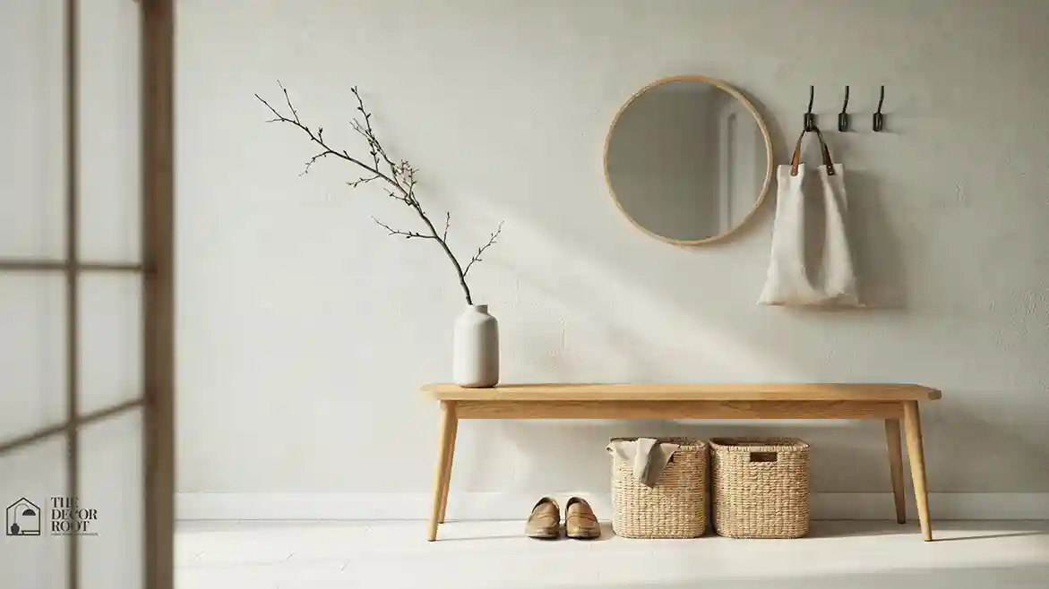 Japandi entryway ideas with wood bench and woven storage baskets