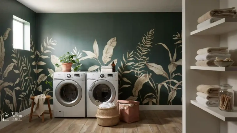 Stunning laundry room wallpaper ideas featuring a bold botanical print in a bright modern utility space, Laundry Room Decor