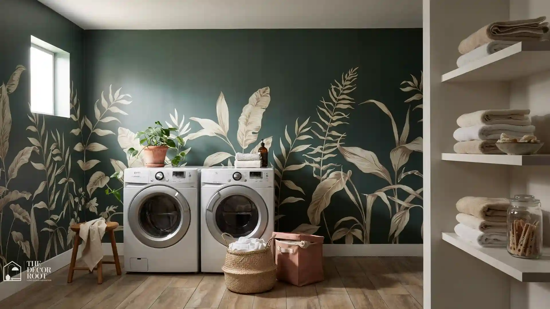 Stunning laundry room wallpaper ideas featuring a bold botanical print in a bright modern utility space, Laundry Room Decor