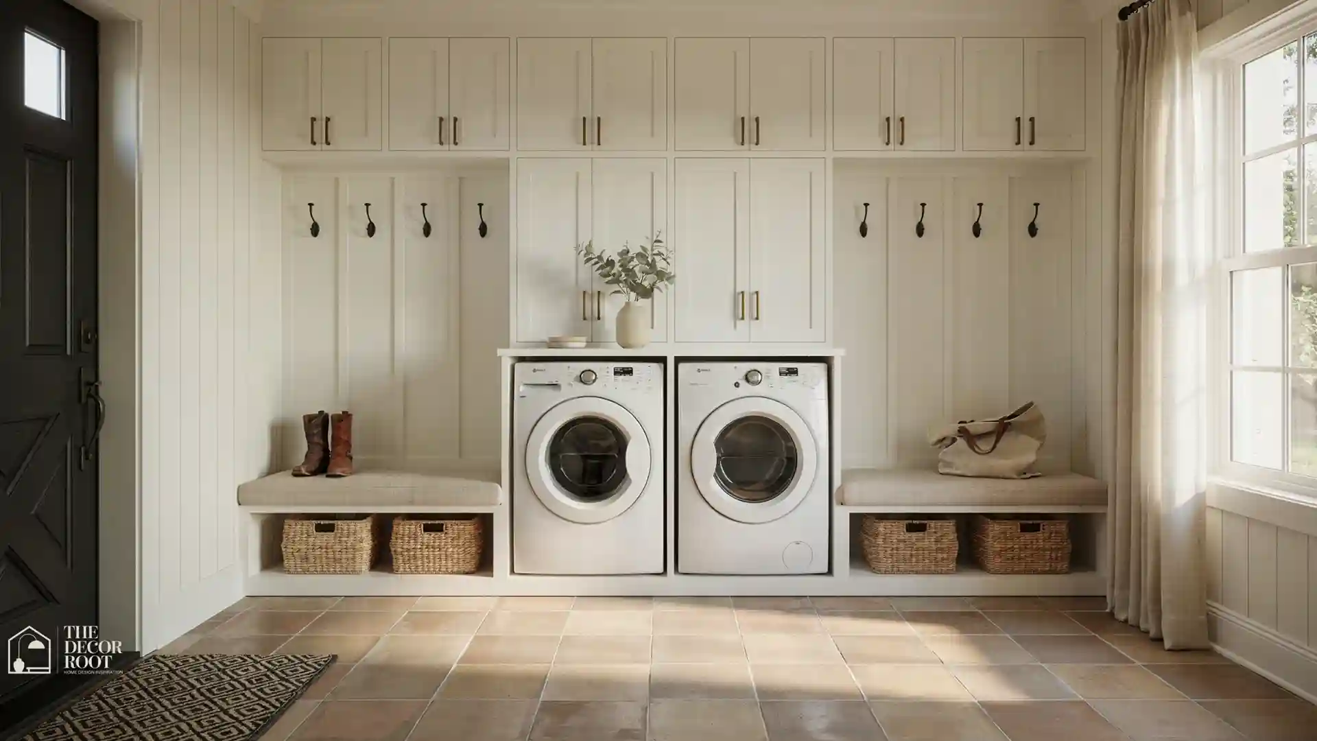 Stylish mudroom laundry combo ideas with built-in lockers and front-loading machines under a bench Mudroom & Laundry Design