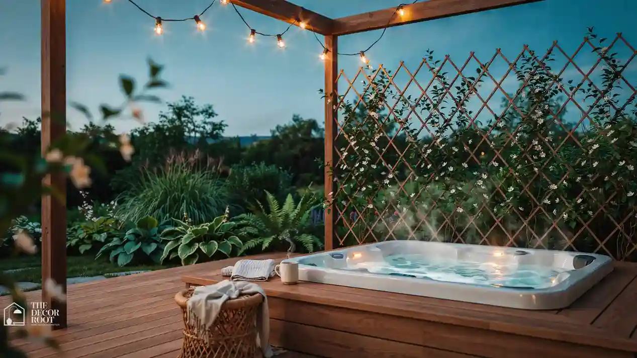 Outdoor jacuzzi design ideas featuring a cedar deck hot tub with string lights and privacy lattice in a backyard evening setting