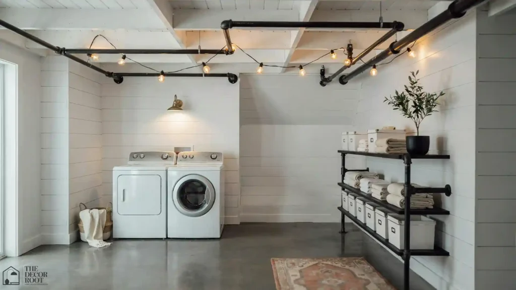 Basement laundry room ideas with industrial pipe shelving and exposed black pipe ceiling Basement Laundry Room