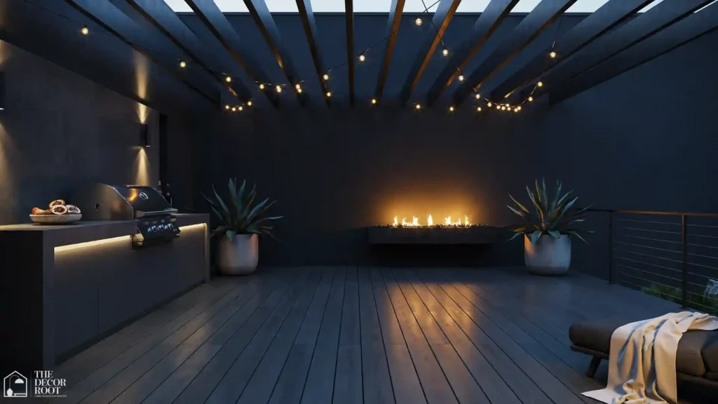 Deck design ideas with a built-in outdoor kitchen counter, gas fire feature wall, and moody evening pergola lighting