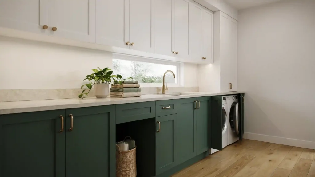 Two-tone green laundry room design with forest green lower cabinets and white uppers, Laundry Room Design
