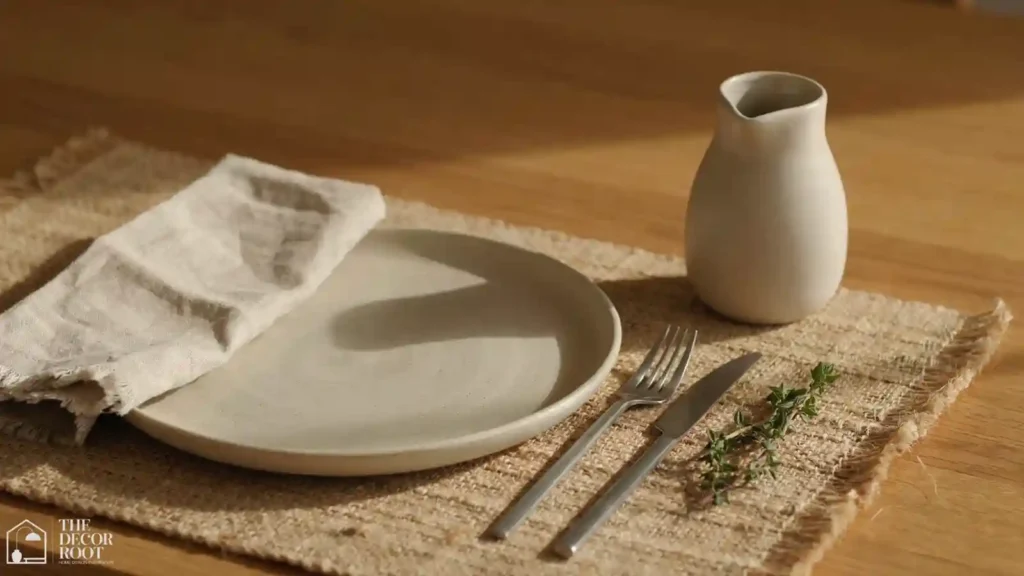 Japandi dining room ideas with neutral table setting and stoneware