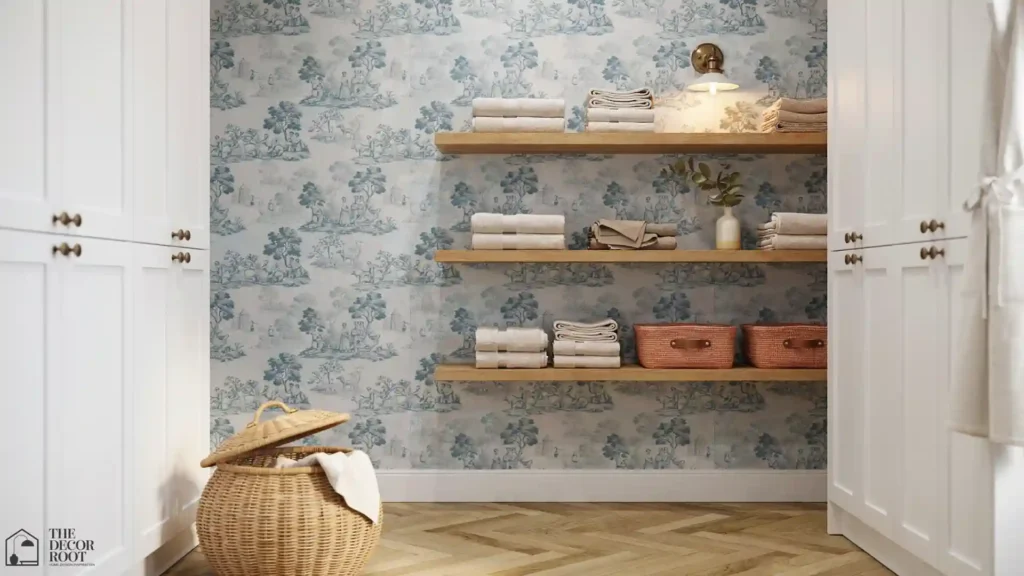 Vintage-style laundry room wallpaper ideas with toile print and open wooden shelving Laundry Room Decor