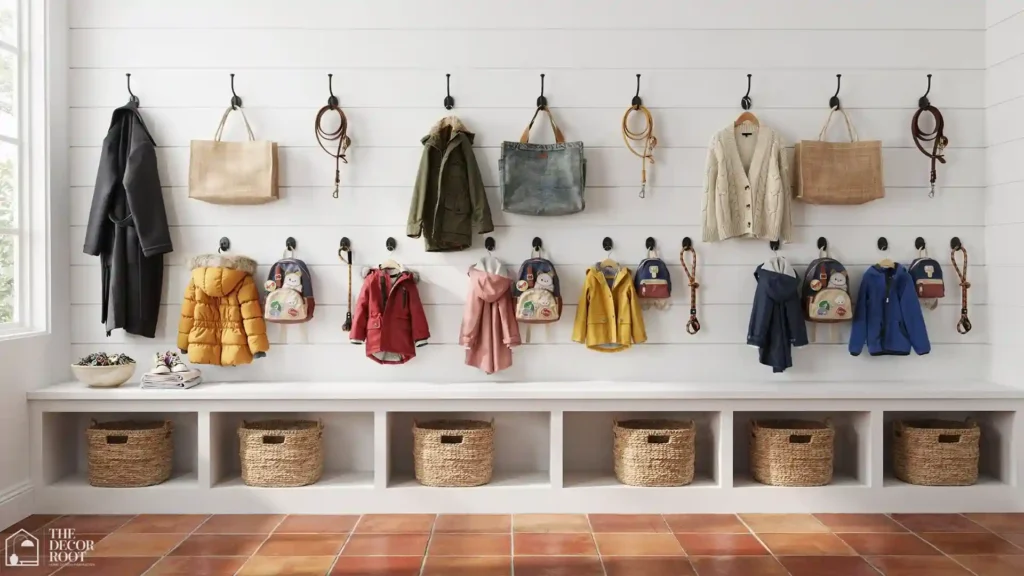 Mudroom laundry combo ideas with hook rail at three heights and labeled cubbies for family organization Mudroom & Laundry Design